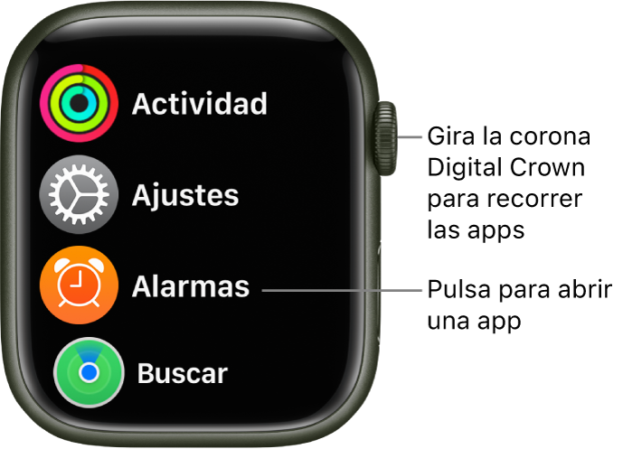 Pantalla de inicio en visualización de lista en el Apple Watch, con una agrupación de apps. Toca una app para abrirla. Desplázate para ver más apps.