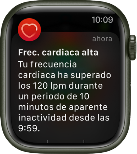 La pantalla de “Pulsaciones altas” con una notificación que dice que tu frecuencia cardiaca ha estado por encima de los 120 LPM mientras estabas en reposo durante 10 minutos.