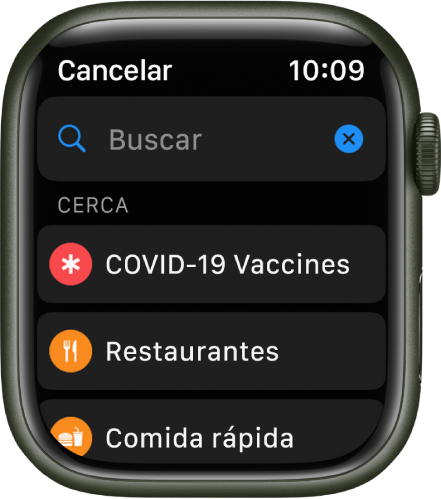La pantalla de búsqueda de la app Mapas donde se puede ver el campo Buscar cerca de la parte de arriba. Debajo de Cerca están los botones de vacunación de la COVID-19, Restaurantes y “Comida rápida”.