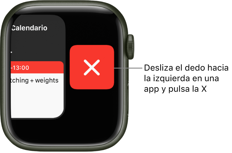 El Dock después de deslizar el dedo hacia la izquierda en una app con el botón X a la derecha.