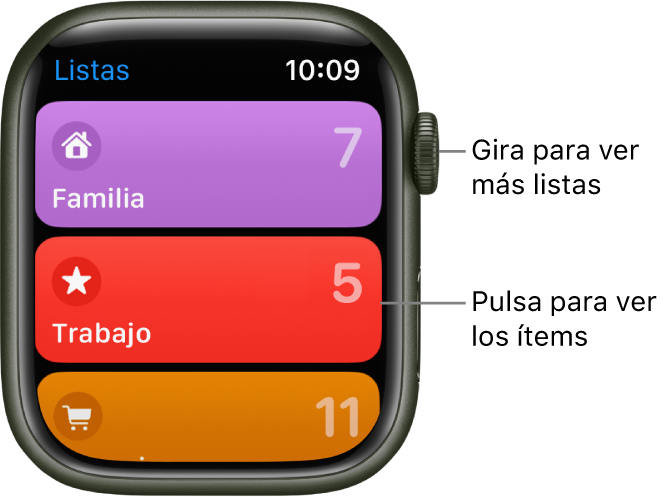 La pantalla Listas de la app Recordatorios con tres listas: Familia, Trabajo y Compras. Los números de la derecha te dicen cuántos recordatorios hay en cada lista. Toca una de las listas para ver los ítems que contiene o gira la corona Digital Crown para ver más listas.