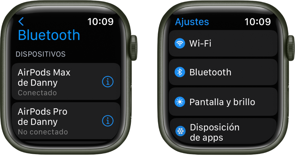 Dos pantallas, una junto a otra. La pantalla de la izquierda muestra dos dispositivos Bluetooth: Unos AirPods Max, que están conectados, y unos AirPods Pro, que no lo están. A la derecha está la pantalla Ajustes, con los botones Wi-Fi, Bluetooth, “Pantalla y brillo” y “Disposición de apps” en una lista.