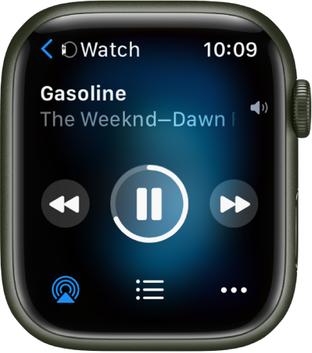 Kuva Now Playing ülemises vasakus servas on Watch, millel on vasakule osutav nool, mis viib seadme kuvasse. Selle all kuvatakse loo ja esitaja nime. Keskel asuvad taasesituse juhikud. All on nupud AirPlay, More ja lugude loend.