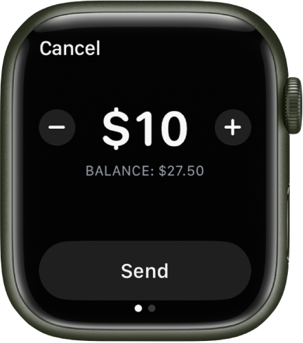 Viestit-näyttö, jossa näkyy Apple Cash -maksun valmistelu. Dollari-arvo on ylhäällä. Nykyinen saldo on alla ja Lähetä-painike on alareunassa.