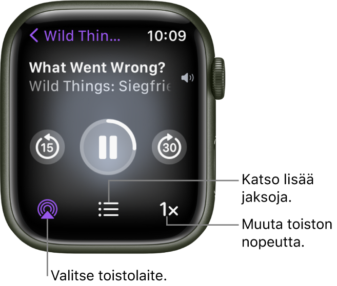 Podcastit-apin Toistossa nyt -näyttö, jossa on podcastin nimi, jakson nimi, päivämäärä, painike, jolla palataan 15 sekuntia taaksepäin, keskeytyspainike, painike, jolla siirrytään 30 sekuntia eteenpäin, AirPlay-painike, jaksopainike ja toistonopeuden painike.
