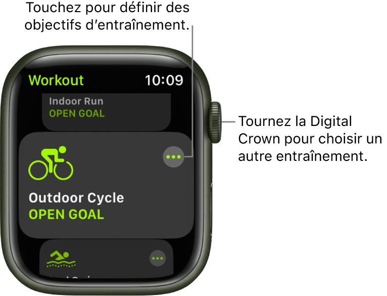L’écran Exercice avec l’entraînement Vélo mis en évidence. Un bouton Plus se trouve en haut à droite de la mosaïque d’entraînement. Une partie de l’entraînement Course (int.) se trouve au-dessus. Une partie de l’entraînement Nage (ext.) se trouve en dessous.