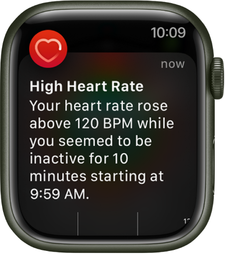 L’écran Rythme cardiaque élevé qui affiche une notification indiquant que votre rythme cardiaque a dépassé 120 bpm alors que vous étiez inactif pendant 10 minutes.