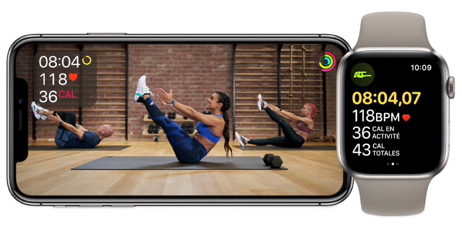Exercice de gainage Fitness+ sur l’iPhone et l’Apple Watch, affichant le temps restant, la fréquence cardiaque et les calories brûlées.