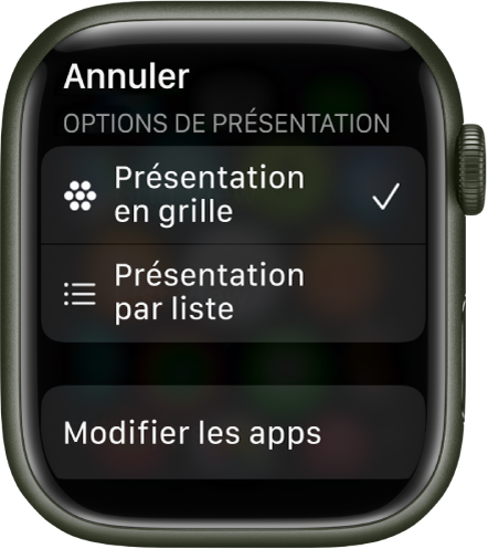 L’écran « Options de présentation » affichant les boutons « Présentation en grille » et « Présentation par liste ». Le bouton « Modifier les apps » figure en bas de l’écran.