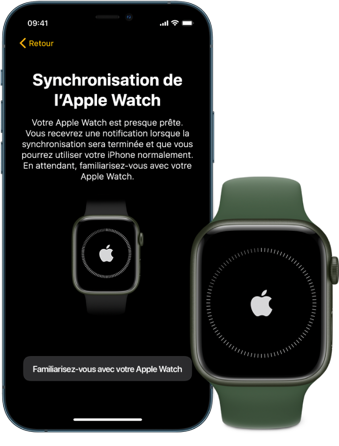 Un iPhone et une Apple Watch, côte à côte. L’écran de l’iPhone affiche « Synchronisation de l’Apple Watch ». L’Apple Watch affiche l’avancement de la synchronisation.