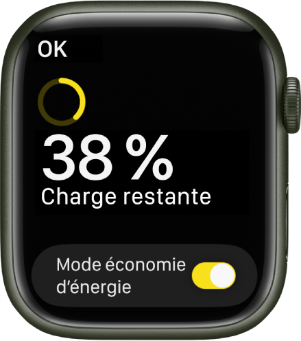 L’écran « Mode économie d’énergie » avec un anneau jaune en partie rempli indiquant la charge restante, les mots « Charge restante : 38 % » et le bouton « Mode économie d’énergie » en bas.