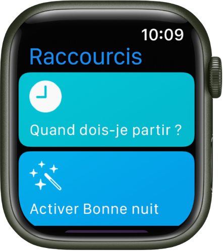 L’app Raccourcis sur l’Apple Watch affichant deux raccourcis : « À quelle heure partir » et « Définir Bonne nuit ».