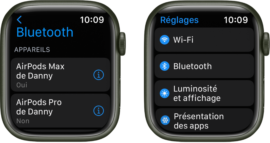 Deux écrans côte à côte. Sur la gauche se trouve un écran qui indique deux appareils Bluetooth disponibles : des AirPods Max, qui sont connectés, et des AirPods Pro, qui ne sont pas connectés. Sur la droite se trouve un écran Réglages, affichant les boutons Wi-Fi, Bluetooth, « Luminosité et affichage » et « Présentation des apps » dans une liste.