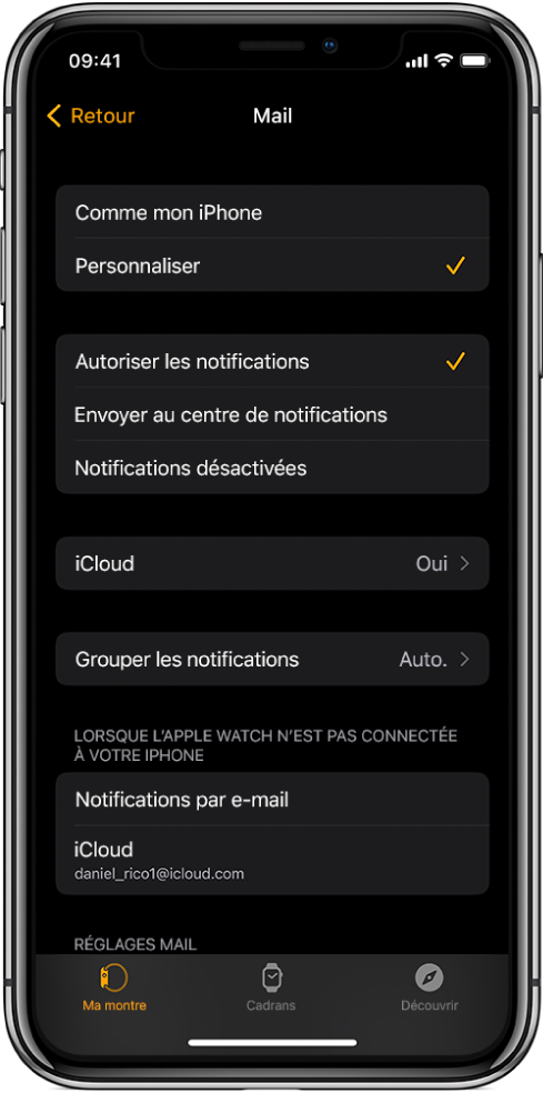 Les réglages de Mail dans l’app Apple Watch affichant des réglages pour les notifications et les comptes de messagerie.