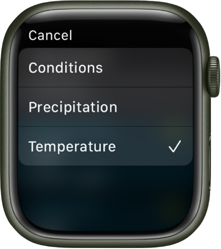 היישום ״מזג אוויר״ מציג שלוש אפשרויות בחירה ברשימה – ״תנאי מזג אוויר״, ״משקעים״ ו״טמפרטורה״.