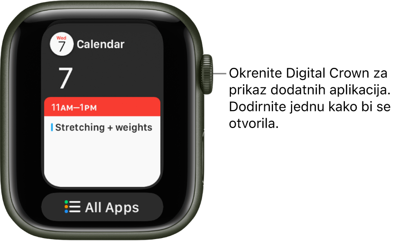 Dock s prikazom aplikacije Kalendar, a ispod nje se nalazi tipka Sve aplikacije. Okrenite Digital Crown za prikaz više aplikacija. Dodirnite jednu za otvaranje.