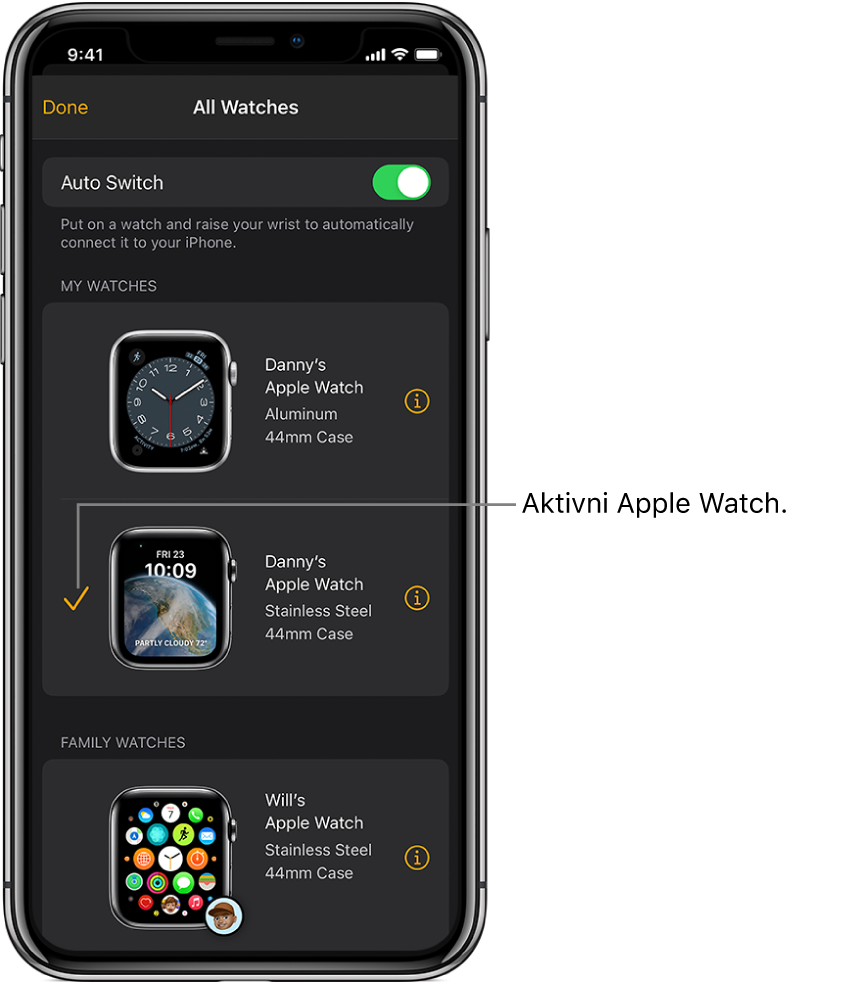 Na zaslonu Svi satovi u aplikaciji Apple Watch kvačica prikazuje aktivni Apple Watch.