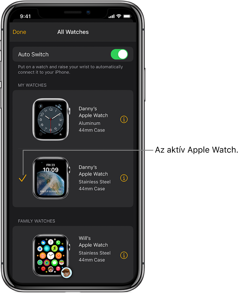 Az Apple Watch app Összes Watch képernyőjén egy pipa jelzi az aktív Apple Watchot.
