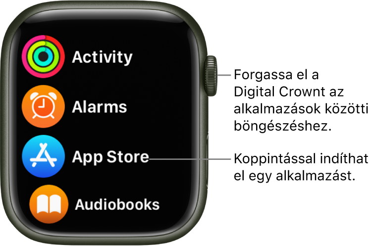Az Apple Watch Főképernyője listanézetben az appok listájával. Az app megnyitásához koppintson rá. Görgessen a további appok megjelenítéséhez.