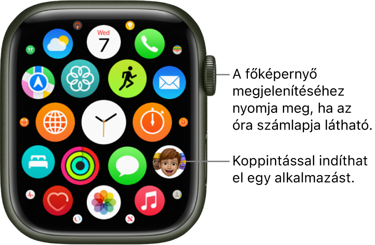 Az Apple Watch Főképernyője rácsnézetben az appok egy csoportjával. Az app megnyitásához koppintson rá. Elhúzással további appokat jeleníthet meg.
