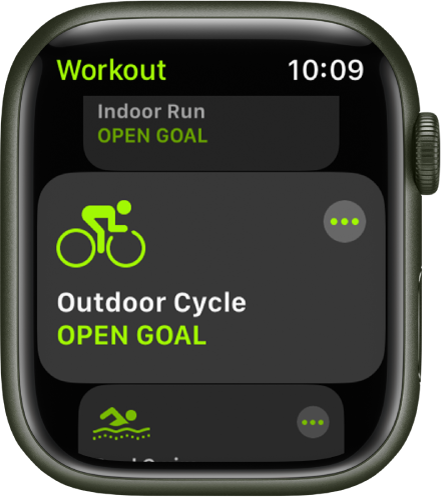 Az Edzés képernyő, amelyen a kültéri bicikliedzés van kiemelve.