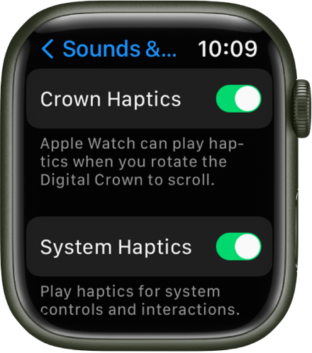 Layar Haptik Crown, menampilkan pengalih Haptik Crown yang dinyalakan. Pengalih Haptik Sistem di bawah.