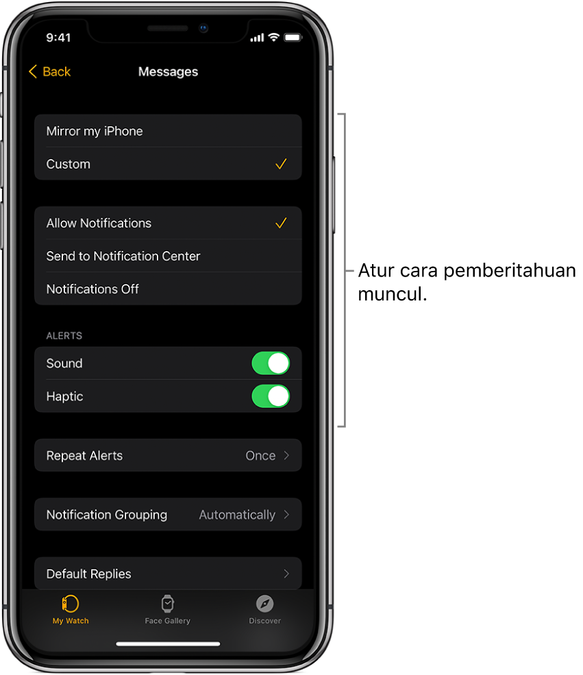Pengaturan Pesan di app Apple Watch pada iPhone. Anda dapat memilih untuk menampilkan peringatan, menyalakan bunyi, menyalakan haptik, dan mengulangi peringatan.