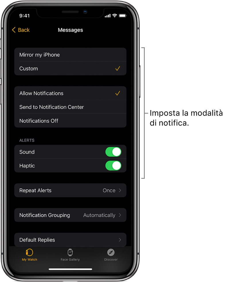Impostazioni di Messaggi nell'app Watch su iPhone. Puoi scegliere se mostrare gli avvisi, attivare il suono e il feedback aptico e ripetere gli avvisi.