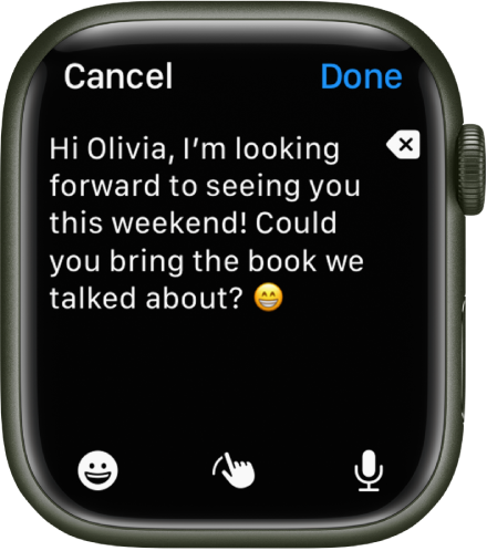 L'app Mail che mostra una schermata dove è possibile scrivere un messaggio email. Il corpo del testo è vicino alla parte superiore dello schermo, con un pulsante Elimina a destra. Nella parte inferiore dello schermo ci sono i pulsanti Emoji, “Scrivi a mano” e Detta. In alto a destra c'è il pulsante Fine.