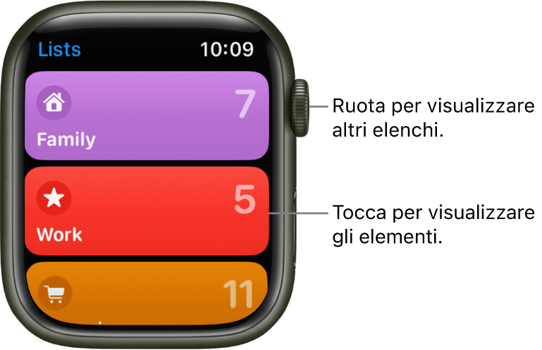 La schermata con gli elenchi dell'app Promemoria con tre pulsanti: Famiglia, Lavoro e Shopping. I numeri sulla destra mostrano quanti promemoria sono presenti in ciascun elenco. Tocca un elenco per visualizzarne gli elementi oppure ruota la Digital Crown per consultare altri elenchi.