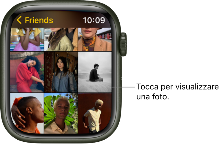 La schermata principale dell'app Foto su Apple Watch, con alcune foto visualizzate in una griglia.