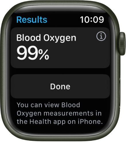 혈중 산소 포화도가 99%임을 보여주는 혈중 산소 결과 화면. 아래에 완료 버튼이 있음.