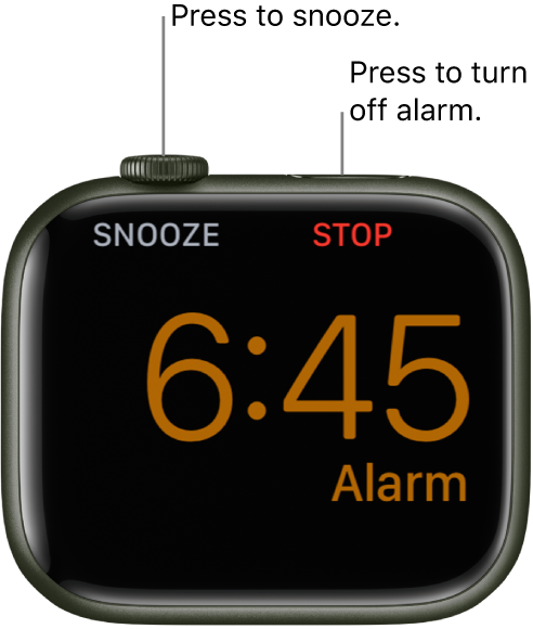 옆으로 세워진 Apple Watch에 알람이 울렸던 화면이 표시되어 있음. Digital Crown 아래에는 ‘다시 알림’이 표시되어 있음. 측면 버튼 아래에 ‘중단’이 표시되어 있음.