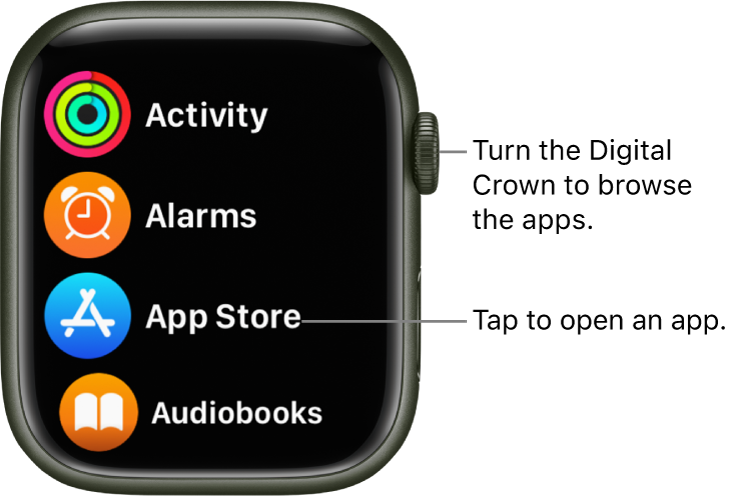 Apple Watch의 홈 화면에 앱이 목록 보기로 나열되어 있음. 앱을 열려면 탭함. 더 많은 앱을 보려면 스크롤함.