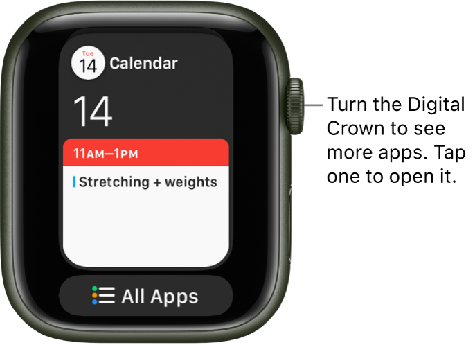 캘린더 앱과 그 아래에 ‘모든 앱’ 버튼을 표시하는 Dock. 더 많은 앱을 보려면 Digital Crown을 돌림. 앱을 열려면 탭함.