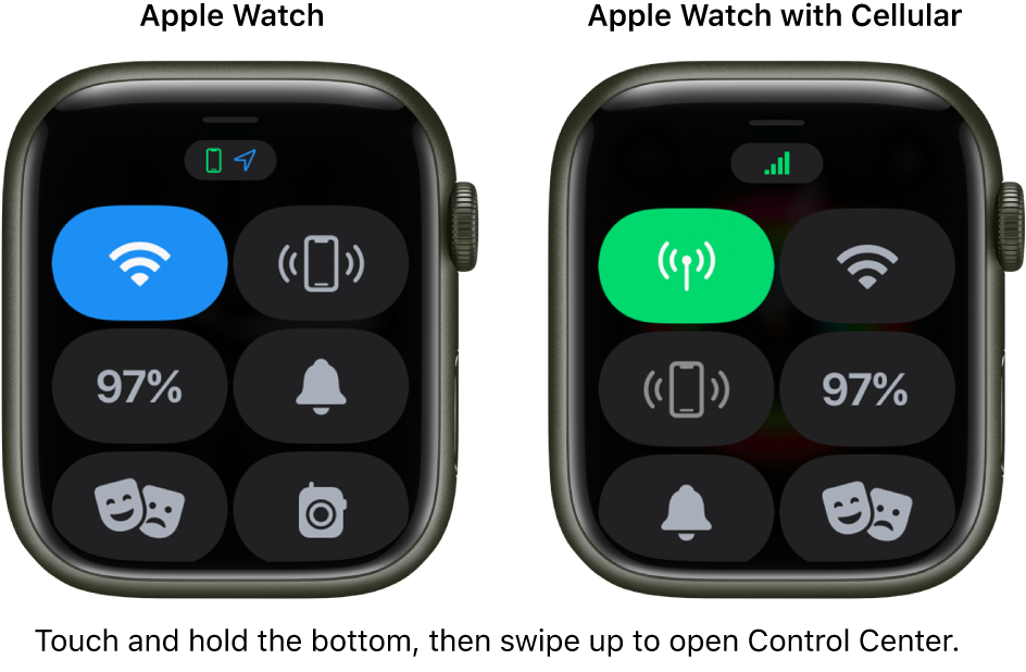 이미지 두 장: 왼쪽에는 제어 센터가 표시되어 있고 셀룰러 모델이 아닌 Apple Watch. 왼쪽 상단에 Wi-Fi 버튼, 오른쪽 상단에 iPhone에 핑 버튼, 왼쪽 중앙에 배터리 잔량 버튼, 오른쪽 중앙에 무음 모드 버튼, 왼쪽 하단에 극장 모드, 오른쪽 하단에 워키토키 버튼. 오른쪽 이미지는 Apple Watch 셀룰러 모델. 왼쪽 상단에 셀룰러 버튼, 오른쪽 상단에 Wi-Fi 버튼, 왼쪽 중앙에 iPhone에 핑 버튼, 오른쪽 중앙에 배터리 잔량 버튼, 왼쪽 하단에 무음 모드 버튼, 오른쪽 하단에 극장 모드 버튼이 있는 제어 센터.