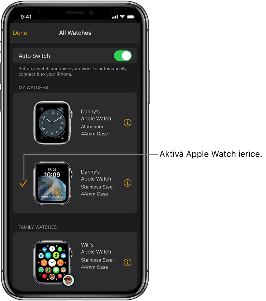 Lietotnes Apple Watch ekrānā All Watches ar kontrolzīmi ir atzīmēts aktīvais Apple Watch pulkstenis.