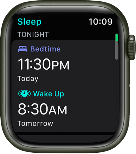 Lietotne Sleep Apple Watch pulkstenī, kurā redzams vakara miega grafiks. Augšā tiek rādīts gulētiešanas laiks, zem tā redzams Wake Up laiks.