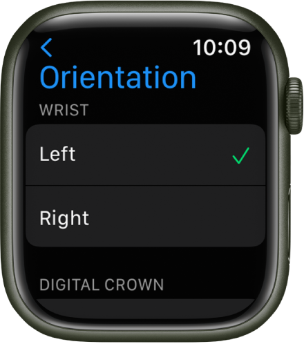Pintasan skrin Orientasi pada Apple Watch Anda boleh setkan pergelangan tangan anda dan keutamaan Digital Crown.