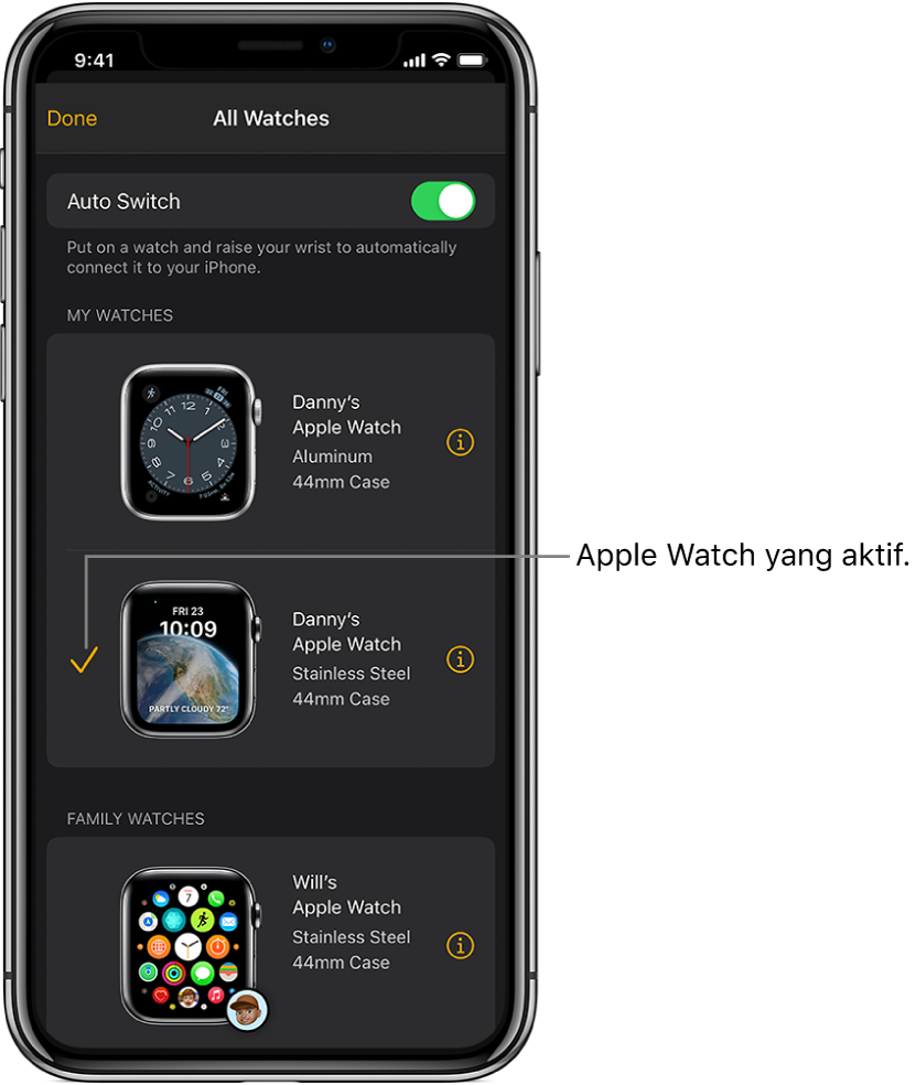Dalam skrin Semua Jam pada app Apple Watch, tanda semak menunjukkan Apple Watch yang aktif.