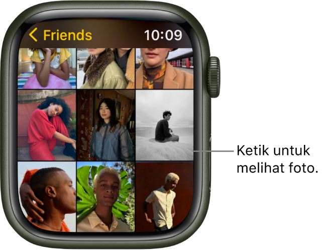 Srin utama app Foto pada Apple Watch, dengan beberapa foto dipaparkan dalam grid.