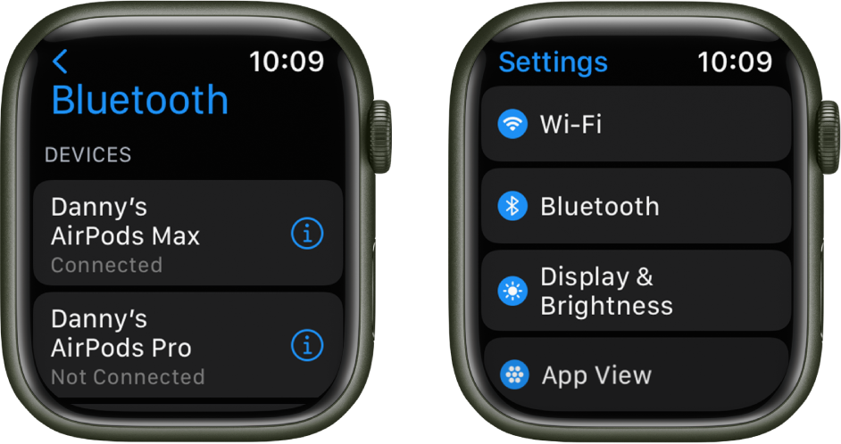 Dwa ekrany obok siebie. Po lewej stronie znajduje się ekran z dwoma dostępnymi urządzeniami Bluetooth: słuchawkami AirPods Max (które są połączone) oraz słuchawkami AirPods Pro (które nie są połączone). Po prawej stronie znajduje się ekran Ustawienia. Widoczna jest na nim lista przycisków: Wi‑Fi, Bluetooth, Ekran i Jasność oraz Widok aplikacji.