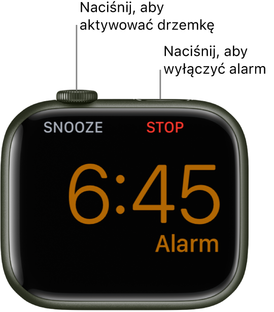 Apple Watch ustawiony na boku. Jego ekran wyświetla włączony alarm. Poniżej Digital Crown znajduje się etykieta „drzemka”. Poniżej przycisku bocznego widoczna jest etykieta „stop”.