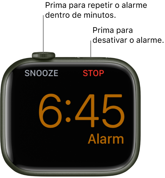 Um Apple Watch colocado de lado, no ecrã um despertador a tocar. Por baixo da Digital Crown está a palavra Adiar. A palavra “Parar” está por baixo do botão lateral.