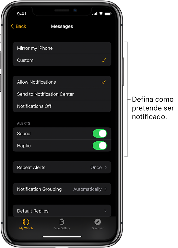 Definições de mensagens na aplicação Apple Watch, no iPhone. Pode optar por mostrar avisos, ativar sons, ativar háptica e repetição de avisos.