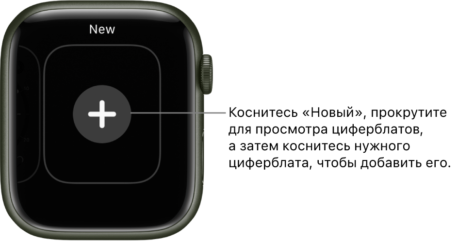 Экран нового циферблата. В центре отображается кнопка «+». Коснитесь, чтобы добавить новый циферблат.