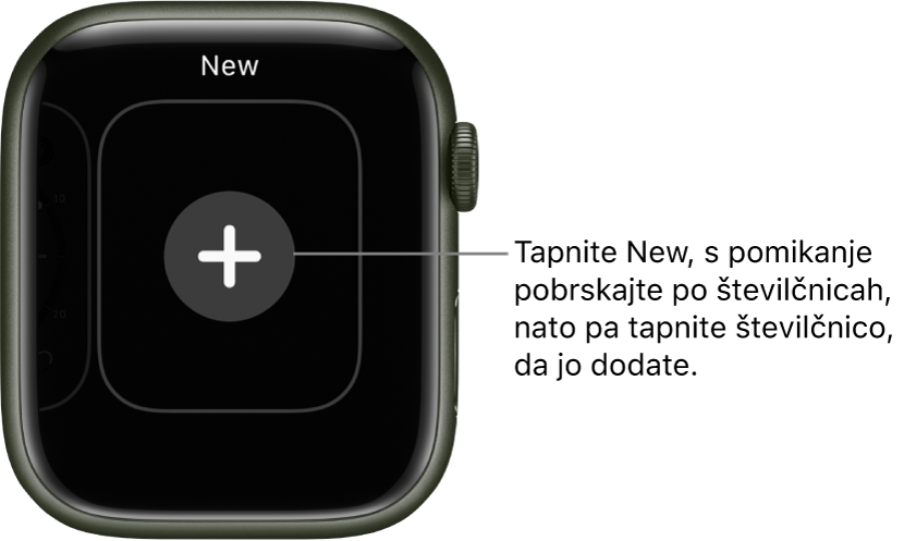 Zaslon nove številčnice z gumbom plus na sredini. Tapnite za dodajanje nove številčnice.