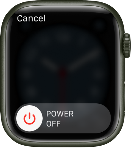 Zaslon ure Apple Watch, na katerem je prikazan drsnik Power Off (izklop). Povlecite drsnik, da izklopite uro Apple Watch.