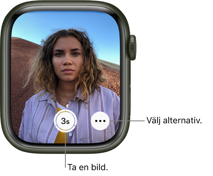 När Apple Watch används som kamerafjärrkontroll visar skärmen det som visas i kameran på din iPhone. Knappen Ta bild finns längst ned i mitten med knappen Fler alternativ till höger. Om du har tagit en bild visas bildvisningsknappen längst ned till vänster.
