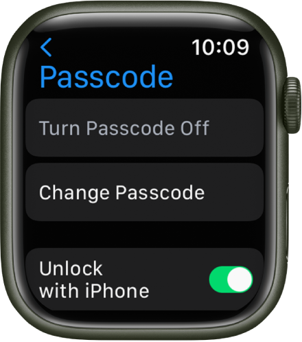 Cài đặt Mật mã trên Apple Watch, với nút Tắt mật mã ở trên cùng, nút Thay đổi mật mã ở bên dưới và công tắc Mở khóa bằng iPhone ở dưới cùng.